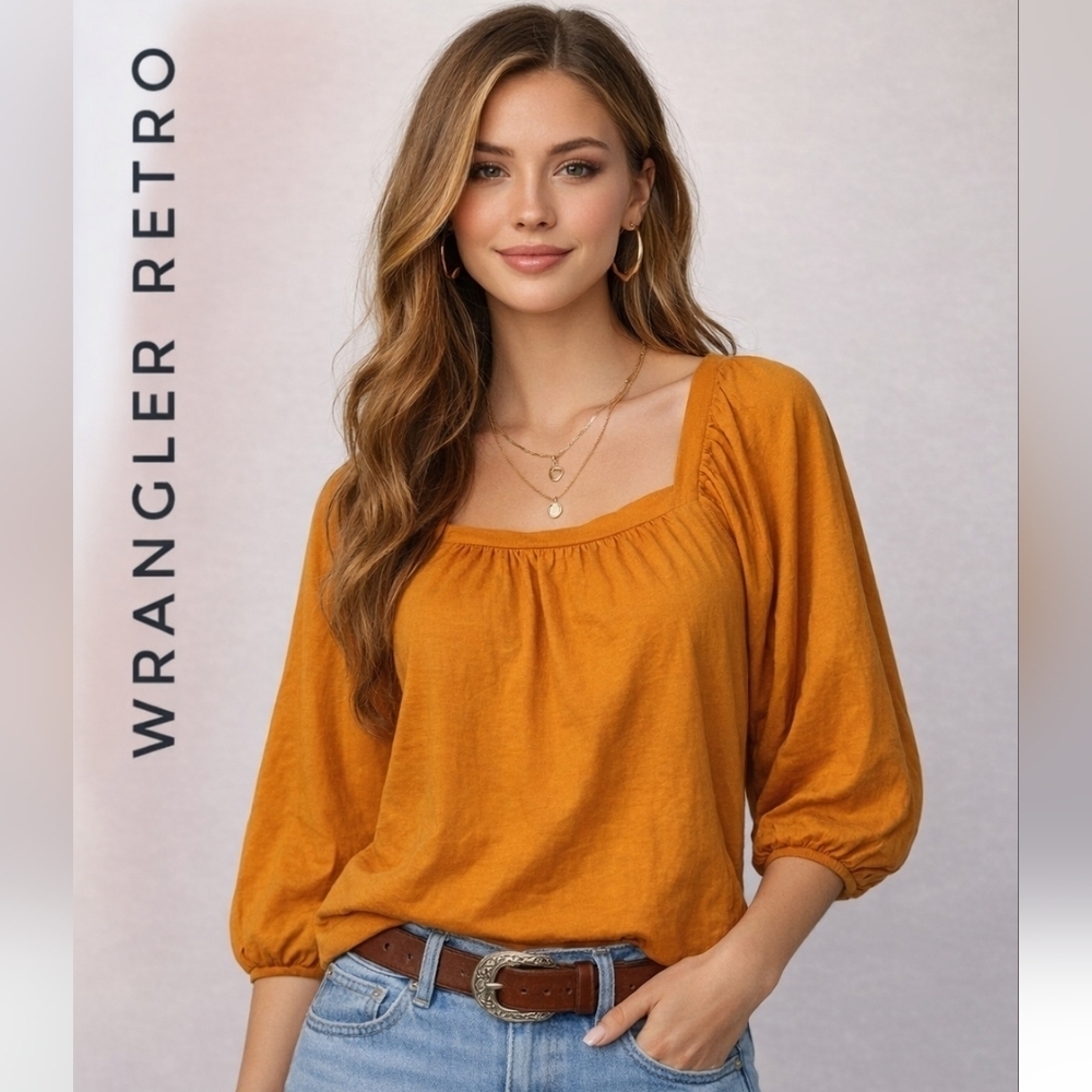 WRANGLER Retro Mustard Yellow Puff Sleeve Square Neckline Blouse